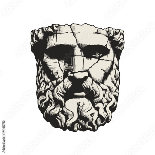 Ancient Greek Statue Head Illustration, Broken Classical Bust with Beard and Cracks