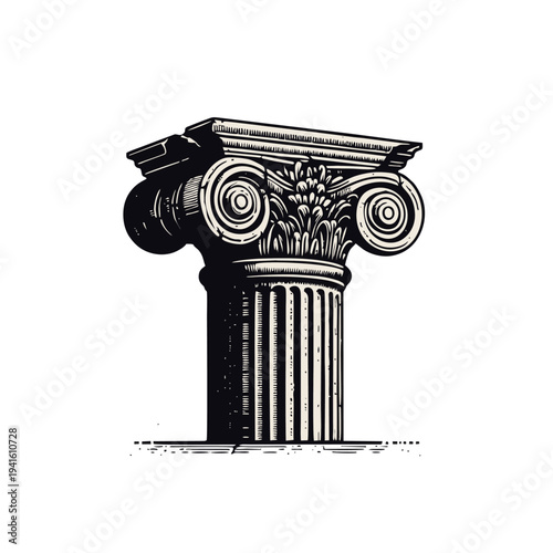 Classical Architectural Column Capital Illustration with Volutes and Acanthus Leaves