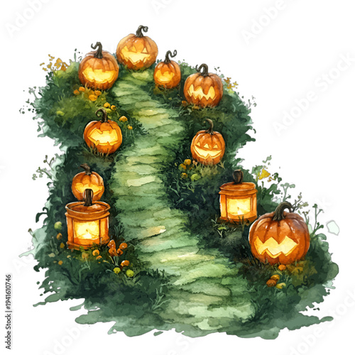 Watercolor spooky garden path with glowing Halloween jack o lanterns

