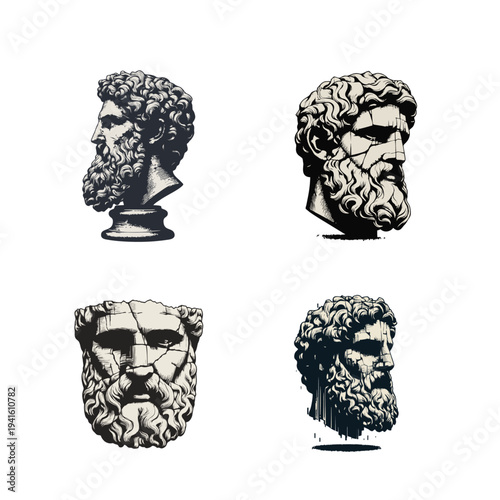 Set of Stylized Classical Male Bust Sculptures Vector Illustration