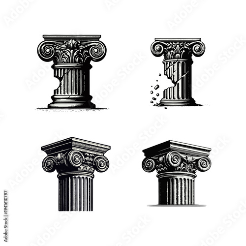 Classical Roman Greek Architecture Column Capitals Illustration Set with Intact and Broken Elements