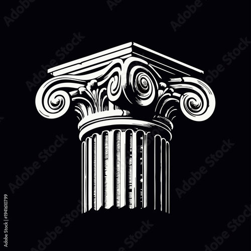 Classical Ionic Column Capital Illustration - Ancient Greek Architectural Element Vector Art in Black and White