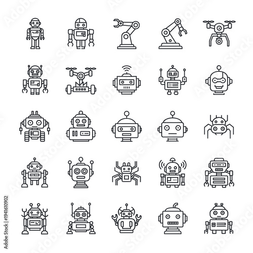 Set of Thin Line Robot Icons Collection