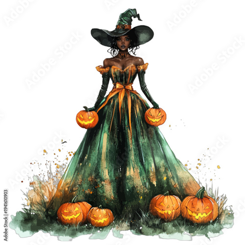 Watercolor beautiful black witch in green gown with glowing pumpkins