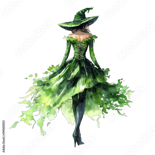 Watercolor elegant green witch in flowing dress and pointed hat