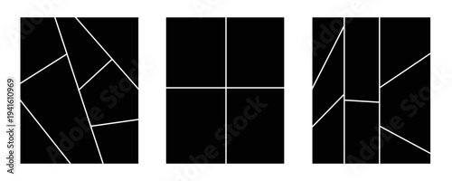 Image collage layout template set. Black mosaic mood board grid collection. Vector 6-7 picture slot composition arrangement. Photo album or memory wall idea for banner, poster, mockup, flyer, brochure