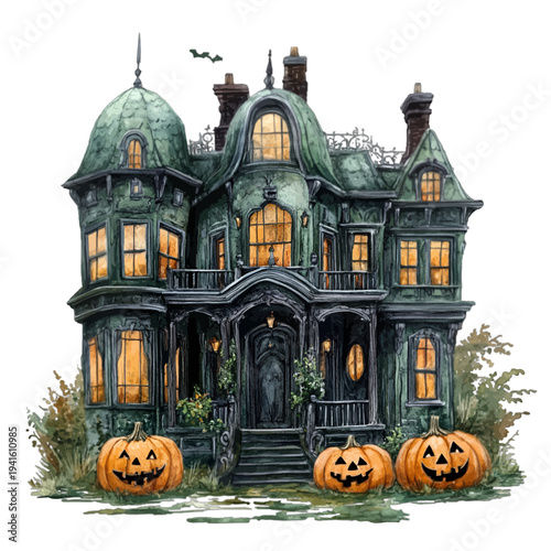 Watercolor spooky haunted mansion with glowing windows and jack-o-lanterns
