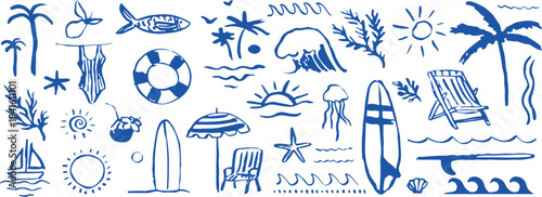 Beach vacation icons and symbols illustration