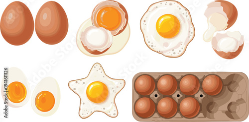 Vector set of fresh brown eggs fried eggs star shaped egg boiled egg halves and eggs in cardboard carton.
