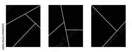 Image collage layout template set. Black mosaic mood board grid collection. Vector 6-7 picture slot composition arrangement. Photo album or memory wall idea for banner, poster, mockup, flyer, brochure