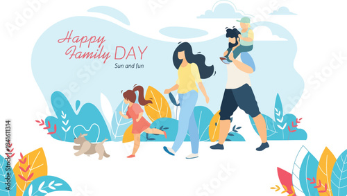 Happy family day illustration of parents and children walking with dog outdoors