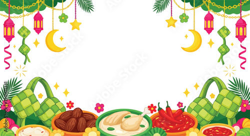 Traditional indonesian eid food frame with ketupat and ramadan ornaments.
