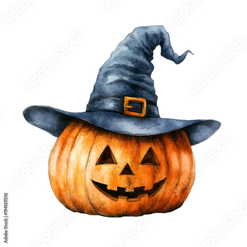 Watercolor Halloween jack o lantern pumpkin wearing a blue witch hat