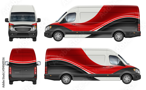 Delivery cargo van wrap vector mockup view from side, front, rear. Perfect for vehicle branding, corporate identity and design concepts. All elements in the groups are in separate layers