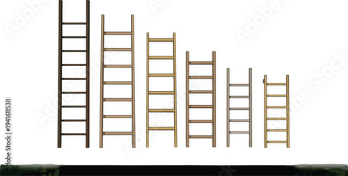 Set of wooden ladders in different heights and shades of brown wood isolated on a white background for construction.
