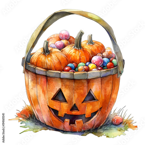 Watercolor jack o lantern basket filled with pumpkins and colorful candy