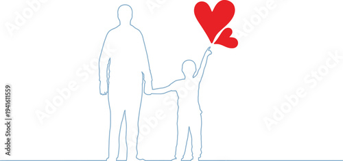 Continuous line drawing of father and child holding hands with red hearts