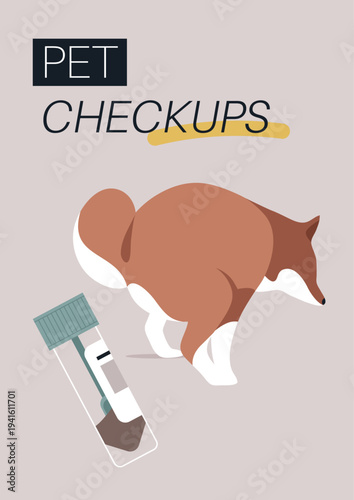 A vivid poster highlights the importance of pet checkups, A playful pet is shown with a veterinary sample, encouraging proactive health care for beloved animals.