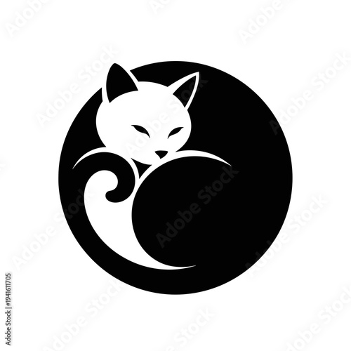 Stylized Circular Black Cat Logo with Moon Shape