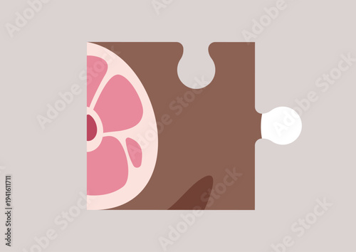 Playful artwork featuring a pork leg shaped as a Puzzle piece showcasing vivid colors and artistic expression in a modern style