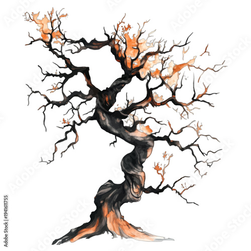 Watercolor spooky haunted tree with gnarled twisted trunk and fire glow