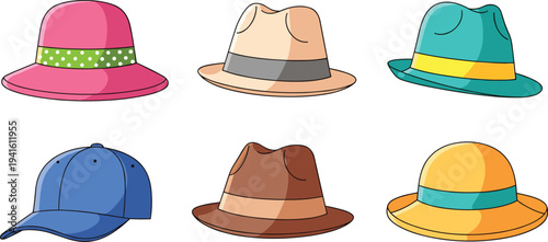 Set of various fashionable hat vectors including a pink sun hat, fedoras, trilby, baseball cap, and summer straw hat isolated on white background.