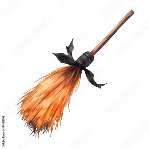 Watercolor witch's broom with vibrant orange bristles and black bow