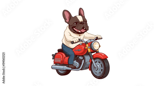 French Bulldog Cartoon Character Happily Riding a Red Motorcycle with a Smile