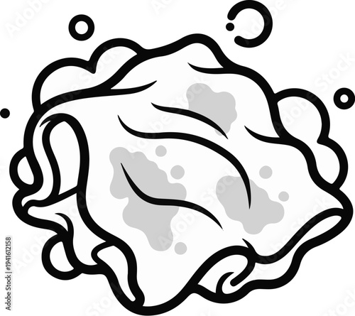 A black and white line drawing of a soiled cloth with bubbles