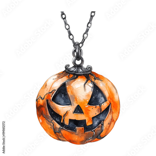 Watercolor Halloween jack o lantern pumpkin necklace with silver chain