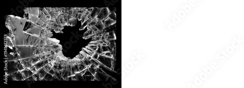 High-quality broken glass shard overlay with realistic impact fragments on black background. Perfect for creating shattered window or screen effects in digital art.