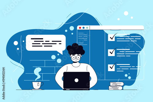 a man is wearing a sweater sits at a desk, focused on working and typing on his laptop computer.