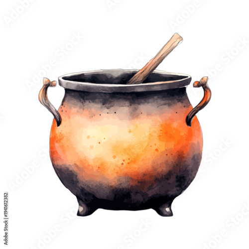 Watercolor spooky witch cauldron with glowing orange elixir and stirring spoon
