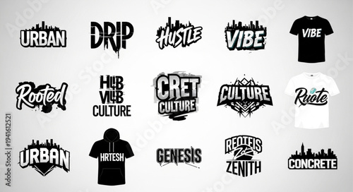 Collection of urban-themed graphic designs featuring words like Urban, Drip, Hustle, Vibe, Rooted, Culture, Genesis, and Concrete, presented in various stylized