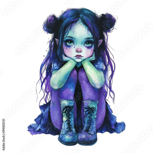 Watercolor sad elf girl with purple hair and galaxy space buns