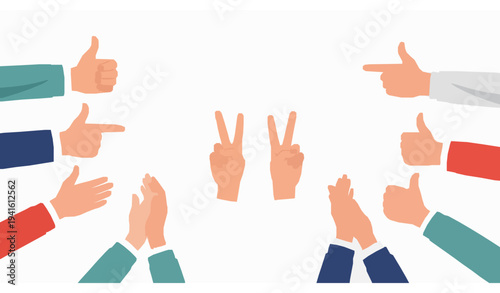 Creative hand gesture banner with pointing thumbs up victory sign and waving hands flat vector design