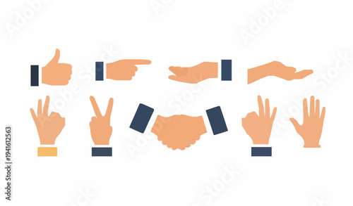 Hand gesture banner with thumbs up pointing peace sign handshake and open palm flat vector illustration