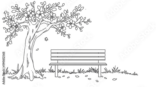 Park Bench Under a Flowering Tree in a Peaceful Minimalist Line Art Scene