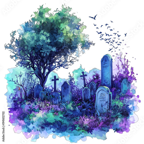 Watercolor spooky graveyard with old tombstones and a large tree at night