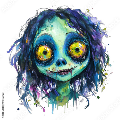 Watercolor zombie girl portrait with big glowing yellow eyes and messy hair