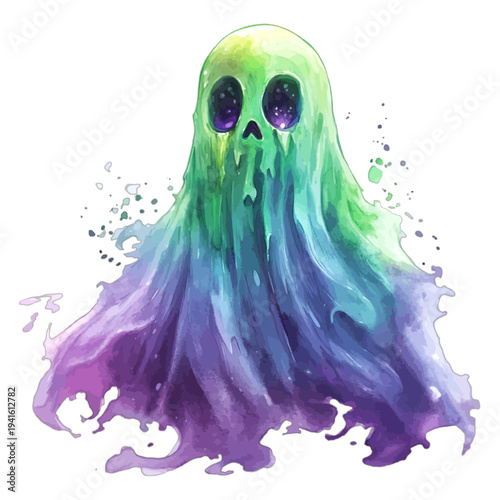 Watercolor fantasy ghost with vibrant galaxy nebula eyes and rainbow gradient
