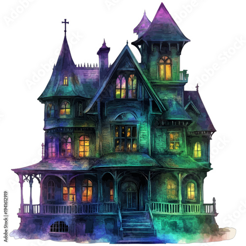 Watercolor spooky haunted house with glowing windows and gothic architecture
