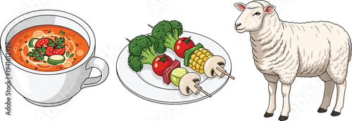 Vector set featuring a bowl of tomato soup, grilled vegetable kabobs on a plate, and a white sheep isolated on white background.