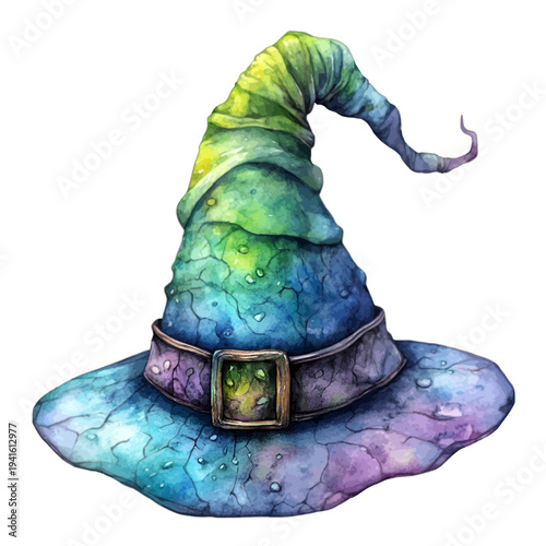 Watercolor witch hat illustration with colorful blue and green gradient isolated on white background
