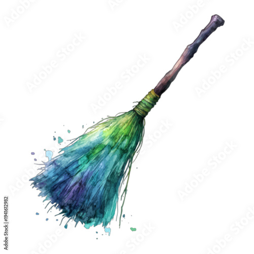 Watercolor witch broomstick illustration with colorful blue and green bristles isolated on white background
