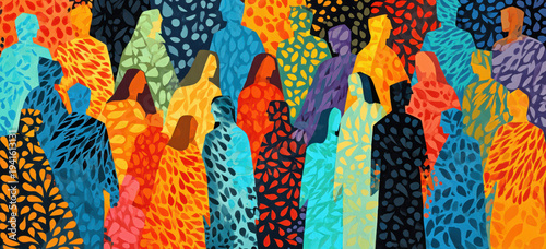 Colorful abstract illustration of diverse people, community, and inclusion, full frame