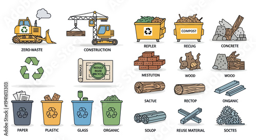 Colorful Illustrated Icons Depicting Waste Recycling and Construction.