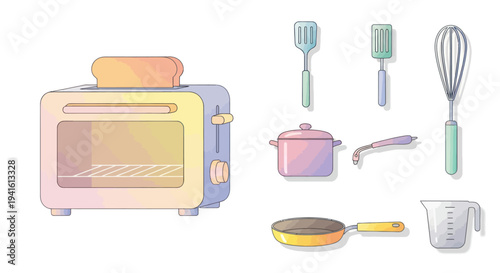 Colorful Kitchen Utensils: Toaster Oven Spatulas Whisk Pot Pan Measuring Cup.