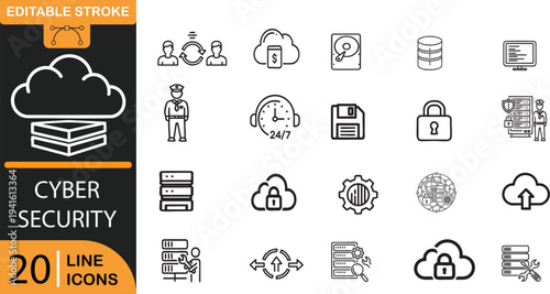 Cyber security line icons set for business technology