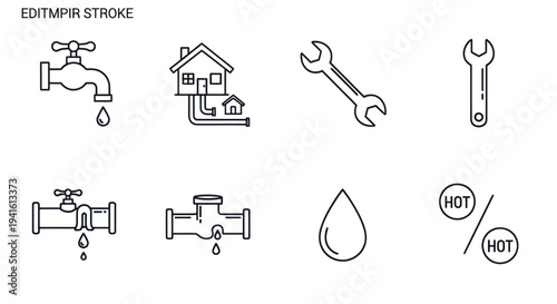 Collection of black line art icons for plumbing heating and water systems featuring faucets pipes wrenches and water drops.